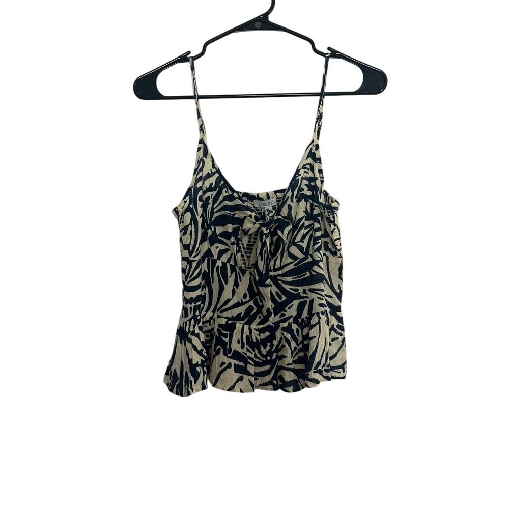 Patrons of Peace Navy Cream Tropical Leaf Print Peplum Cami Tie Front Tank Top S